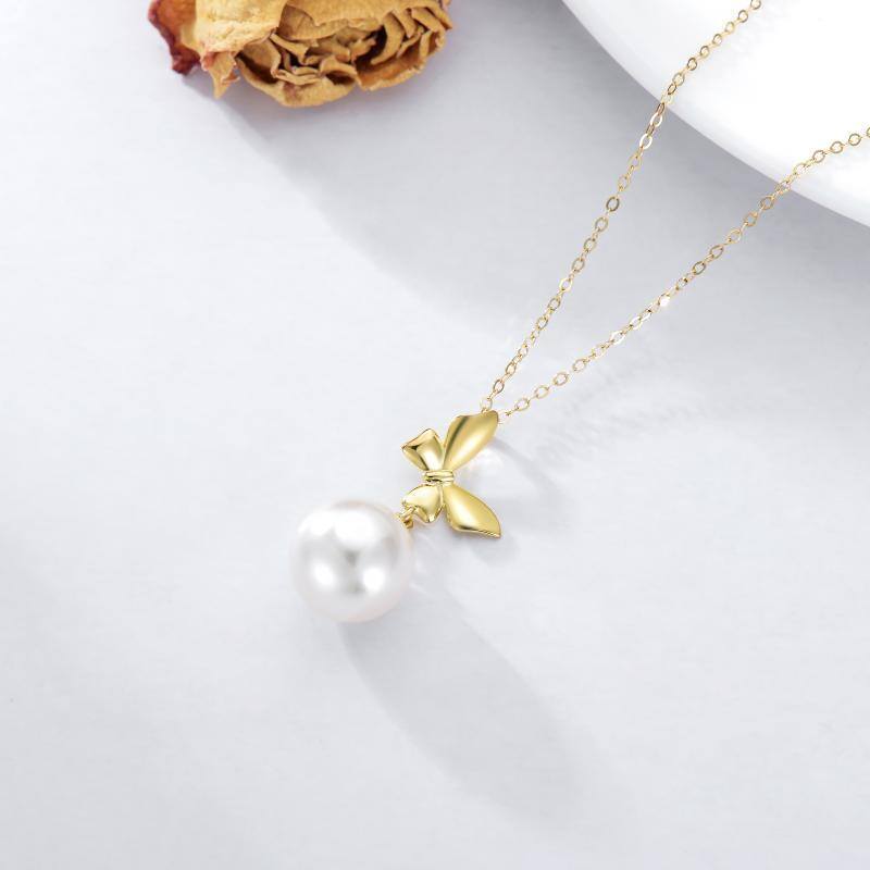 10K Gold Circular Shaped Pearl Bow Pendant Necklace-4