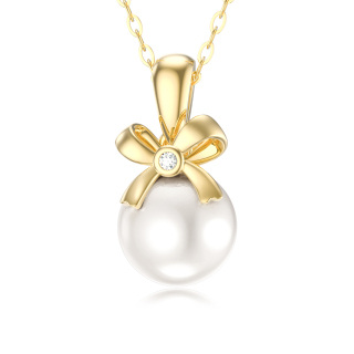 10K Gold Circular Shaped Pearl Bowknot Pendant Necklace-60