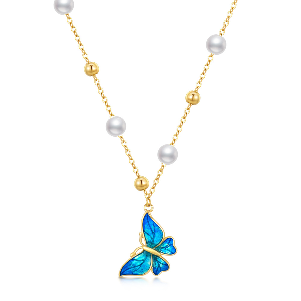 10K Gold Circular Shaped Pearl Butterfly Pendant Necklace-1