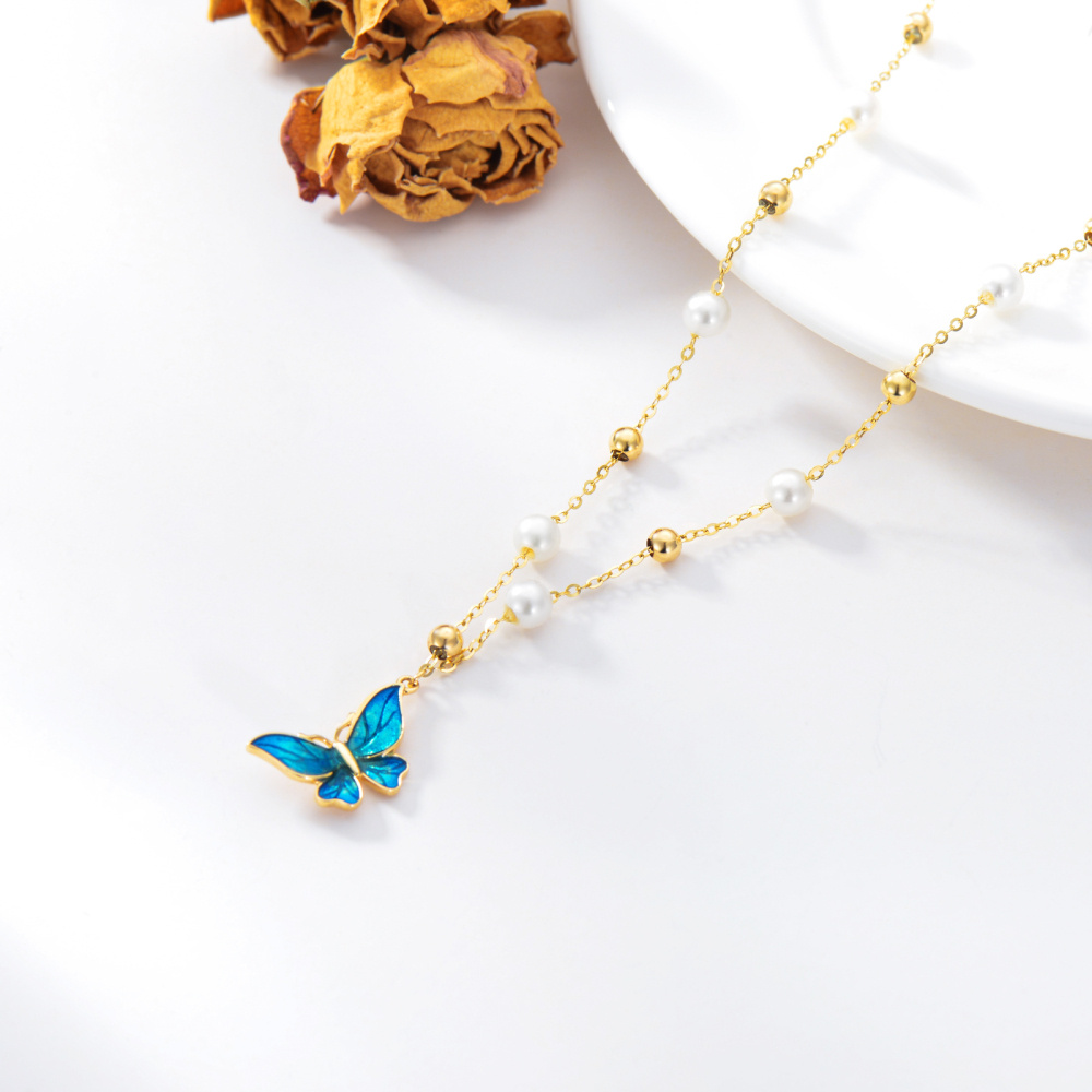 10K Gold Circular Shaped Pearl Butterfly Pendant Necklace-3
