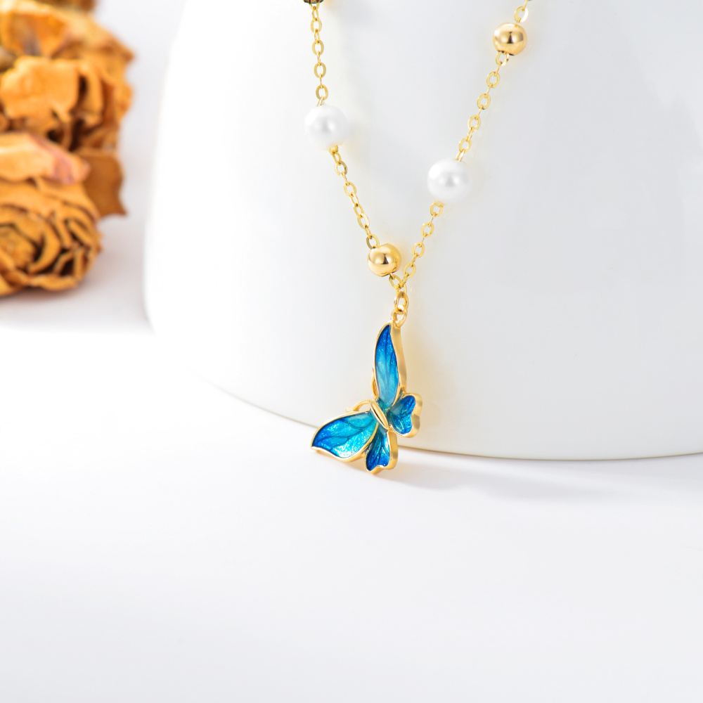 10K Gold Circular Shaped Pearl Butterfly Pendant Necklace-4