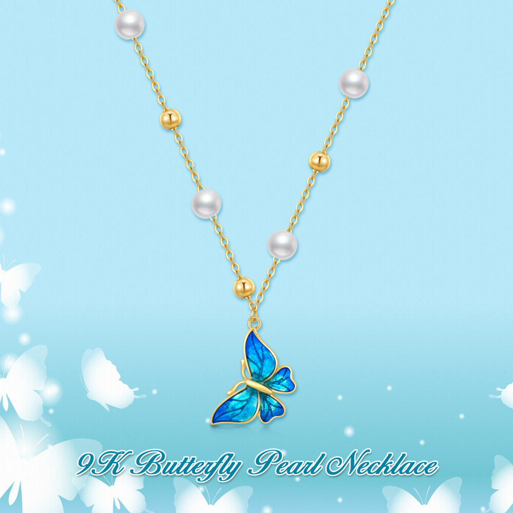10K Gold Circular Shaped Pearl Butterfly Pendant Necklace-5