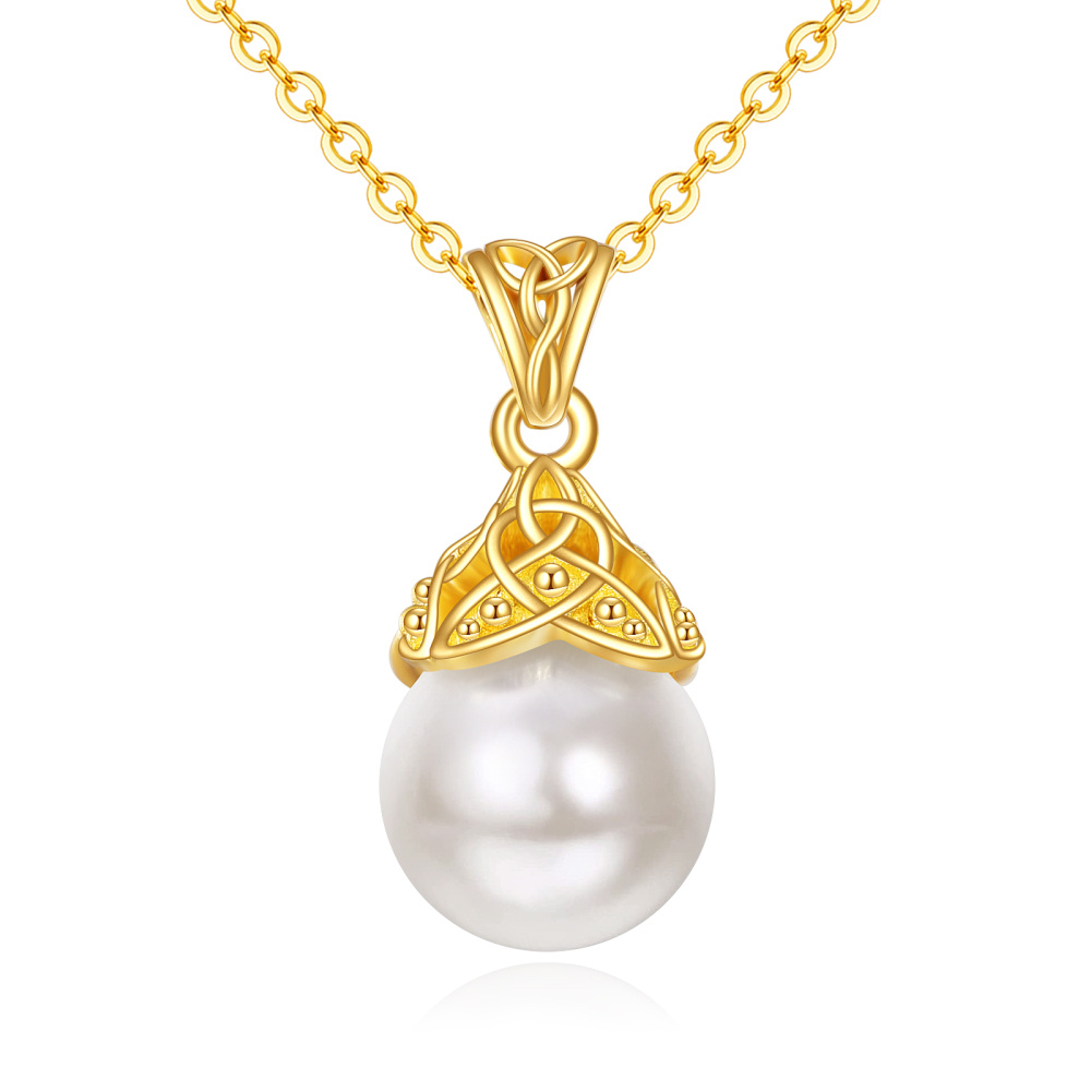 10K Gold Circular Shaped Pearl Celtic Knot Pendant Necklace-1