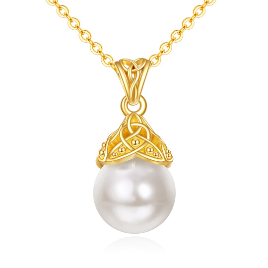 10K Gold Circular Shaped Pearl Celtic Knot Pendant Necklace