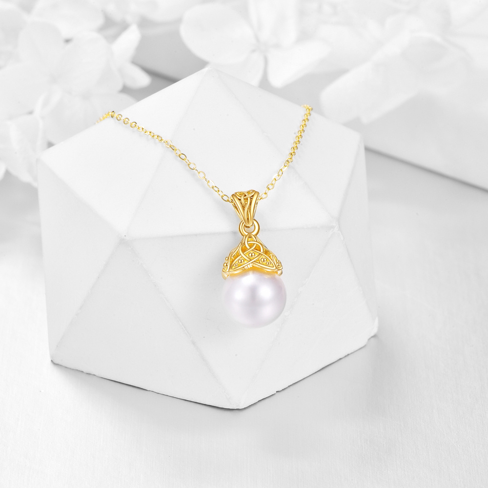 10K Gold Circular Shaped Pearl Celtic Knot Pendant Necklace-3