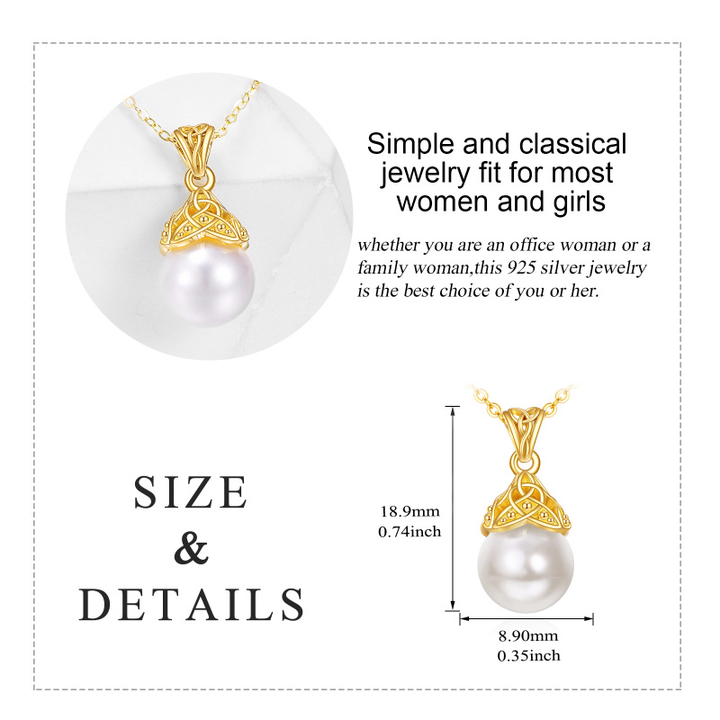 Colar com pendente de nó celta em ouro branco 10K com pérola de corte redondo-5