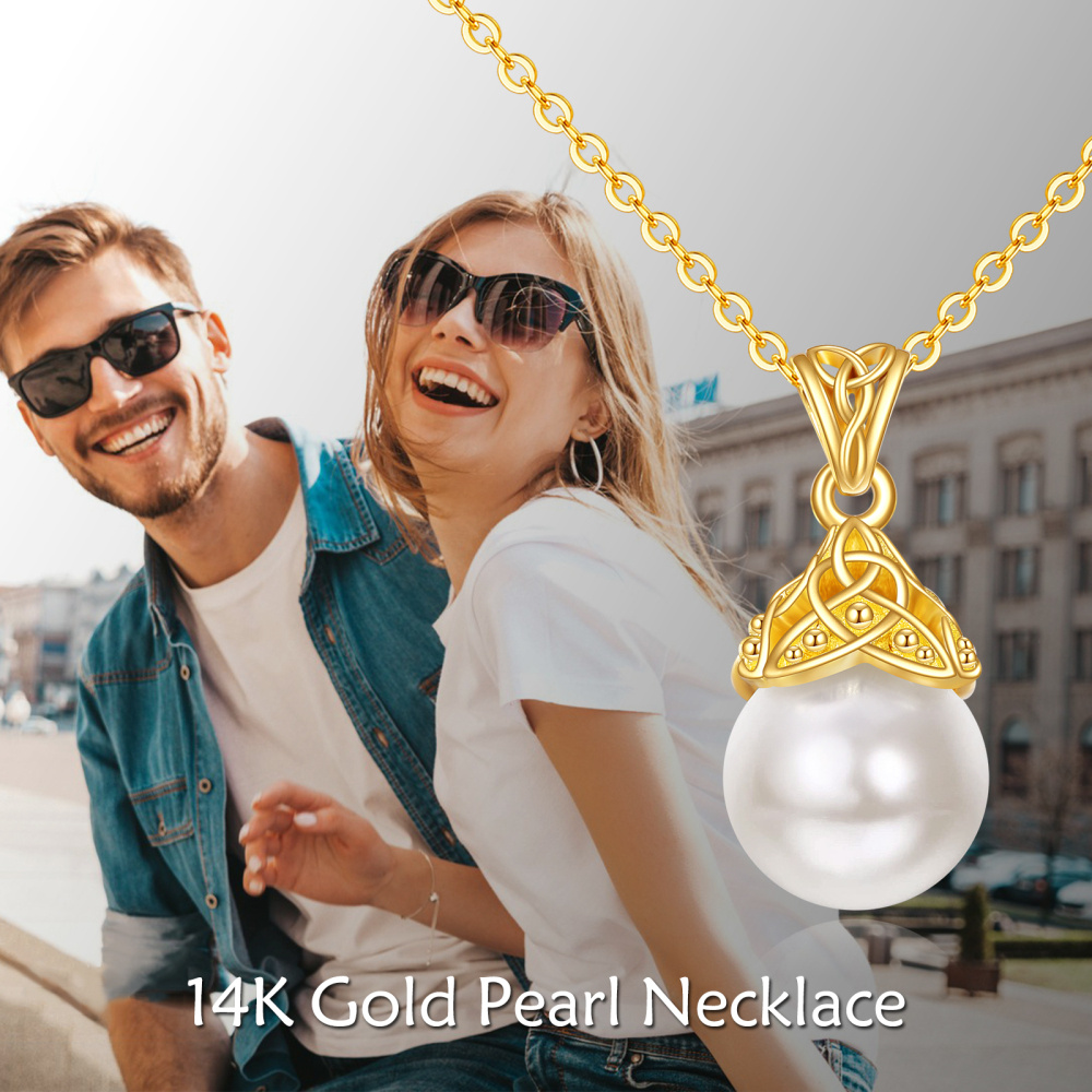 10K Gold Circular Shaped Pearl Celtic Knot Pendant Necklace-6