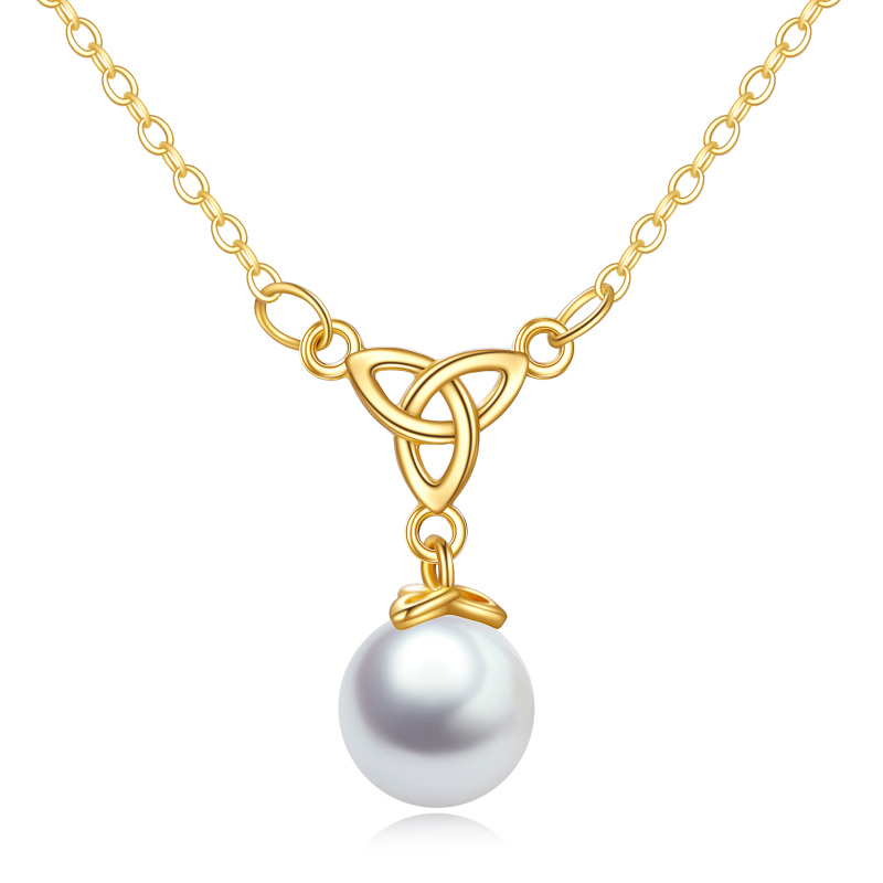 10K Gold Circular Shaped Pearl Celtic Knot Pendant Necklace-19