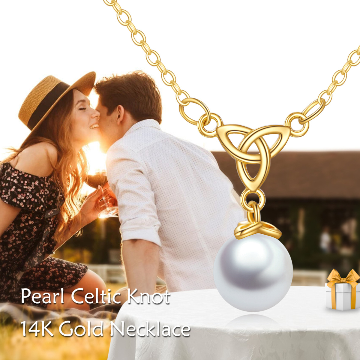 Collana con nodo celtico di perle a forma circolare in oro 14K-5