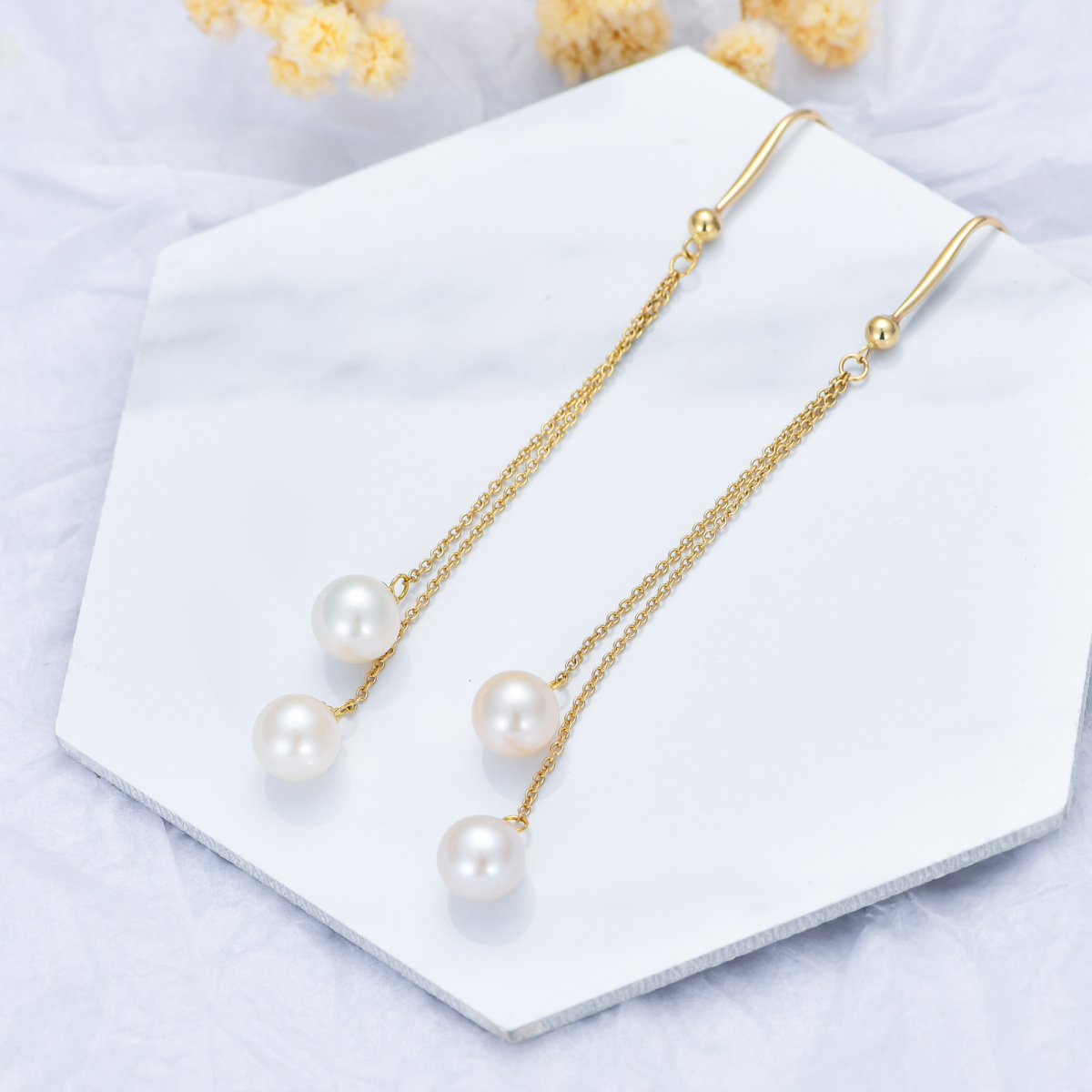 10K Gold Circular Shaped Pearl Couple Drop Earrings-3