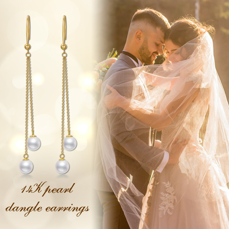Boucles d'oreilles pendantes pour couple, en or 10 carats, forme ronde, perles.-6
