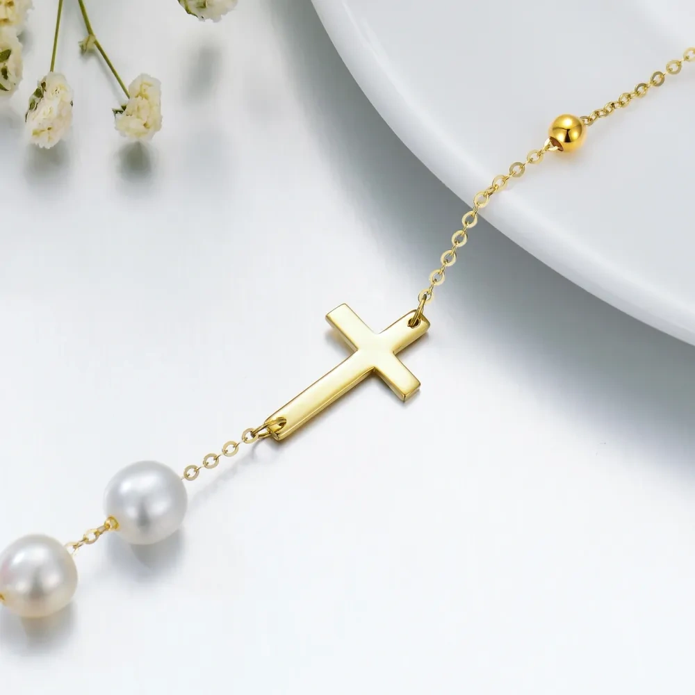 Bracciale con ciondolo a forma di croce di perle in oro 14 carati-3