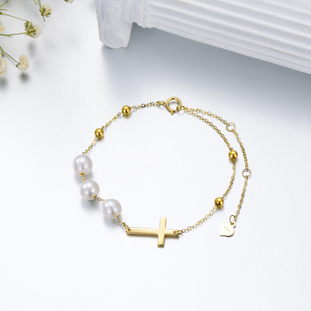 Bracciale con ciondolo a forma di croce di perle in oro 14 carati-4