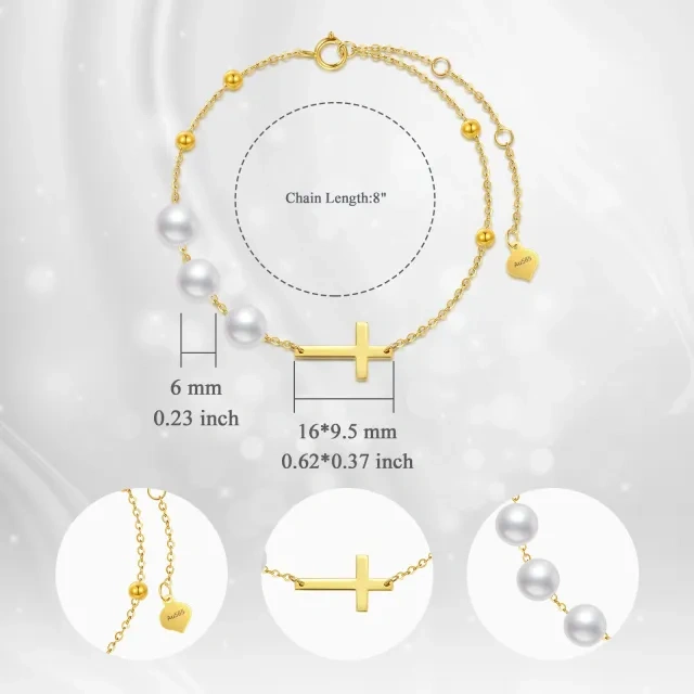 14K Gold Circular Shaped Pearl Cross Pendant Bracelet-5