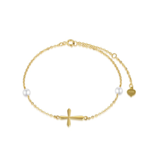 14K Gold Circular Shaped Pearl Cross Pendant Bracelet