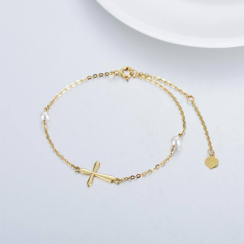 Bracelet en or 14K avec pendentif croix en perles de forme circulaire-4