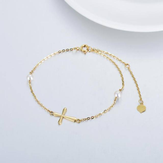 14K Gold kreisförmig Perle Kreuz Anhänger Armband-4