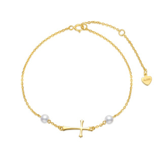 14K Gold Circular Shaped Pearl Cross Pendant Bracelet-5