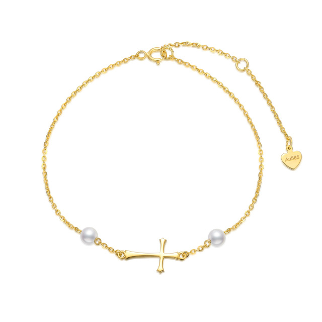 10K Gold Circular Shaped Pearl Cross Charm Bracelet