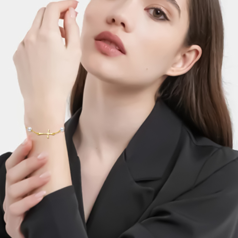 10K Gold Circular Shaped Pearl Cross Charm Bracelet-2