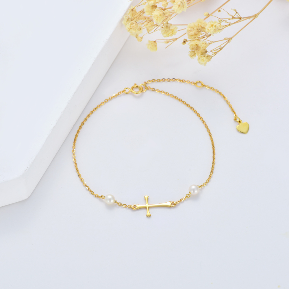 Bracciale con ciondolo a forma di croce di perle in oro 14 carati-3