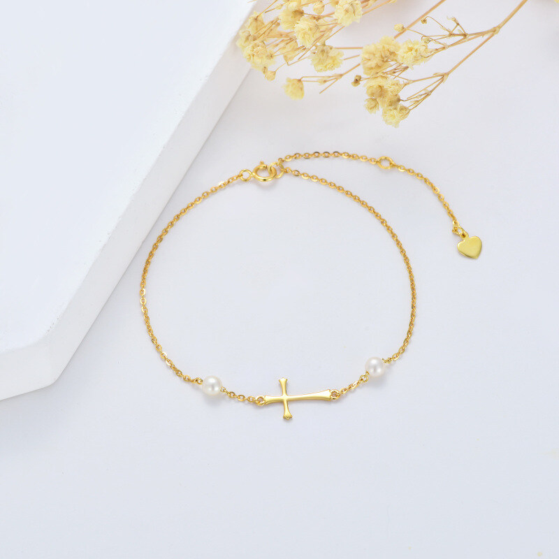 10K Gold Circular Shaped Pearl Cross Charm Bracelet-3