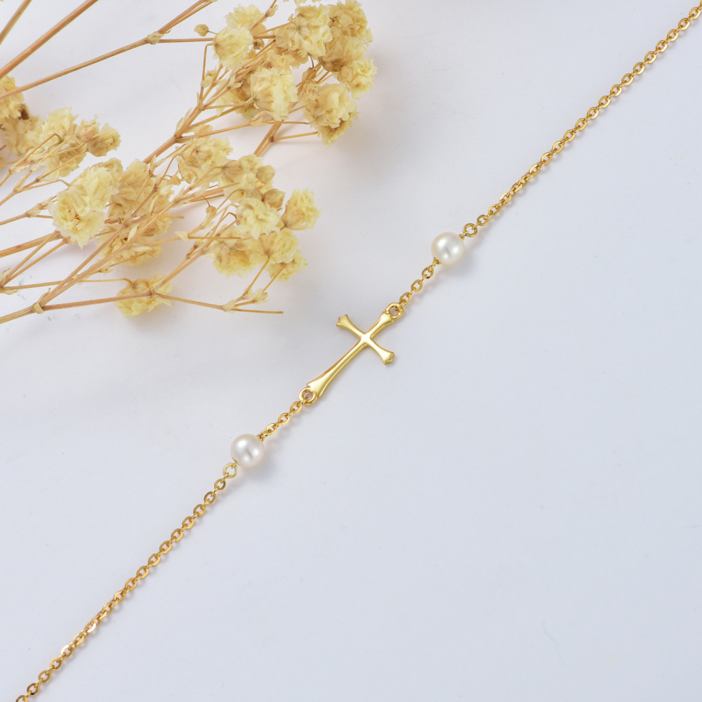 Bracciale con ciondolo a forma di croce di perle in oro 14 carati-4