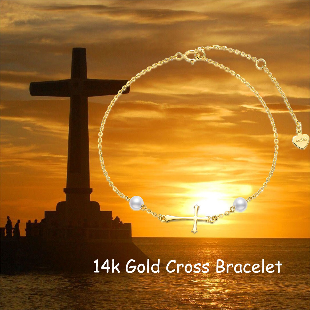 Pulseira com pingente de cruz de pérola em formato circular em ouro 14K-5