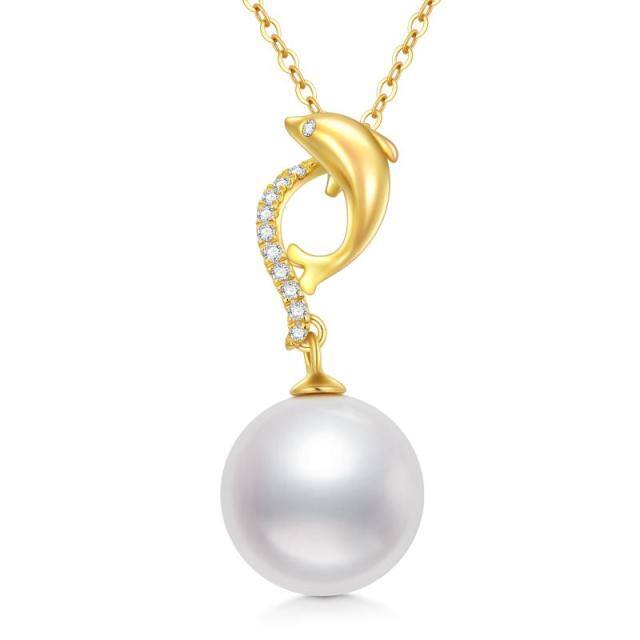 14K Gold Circular Shaped Pearl Dolphin Pendant Necklace-1