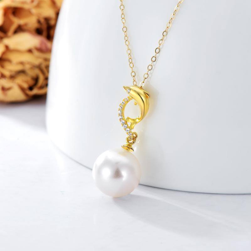 18K Gold Circular Shaped Pearl Dolphin Pendant Necklace-3