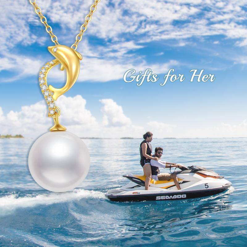 18K Gold Circular Shaped Pearl Dolphin Pendant Necklace-5