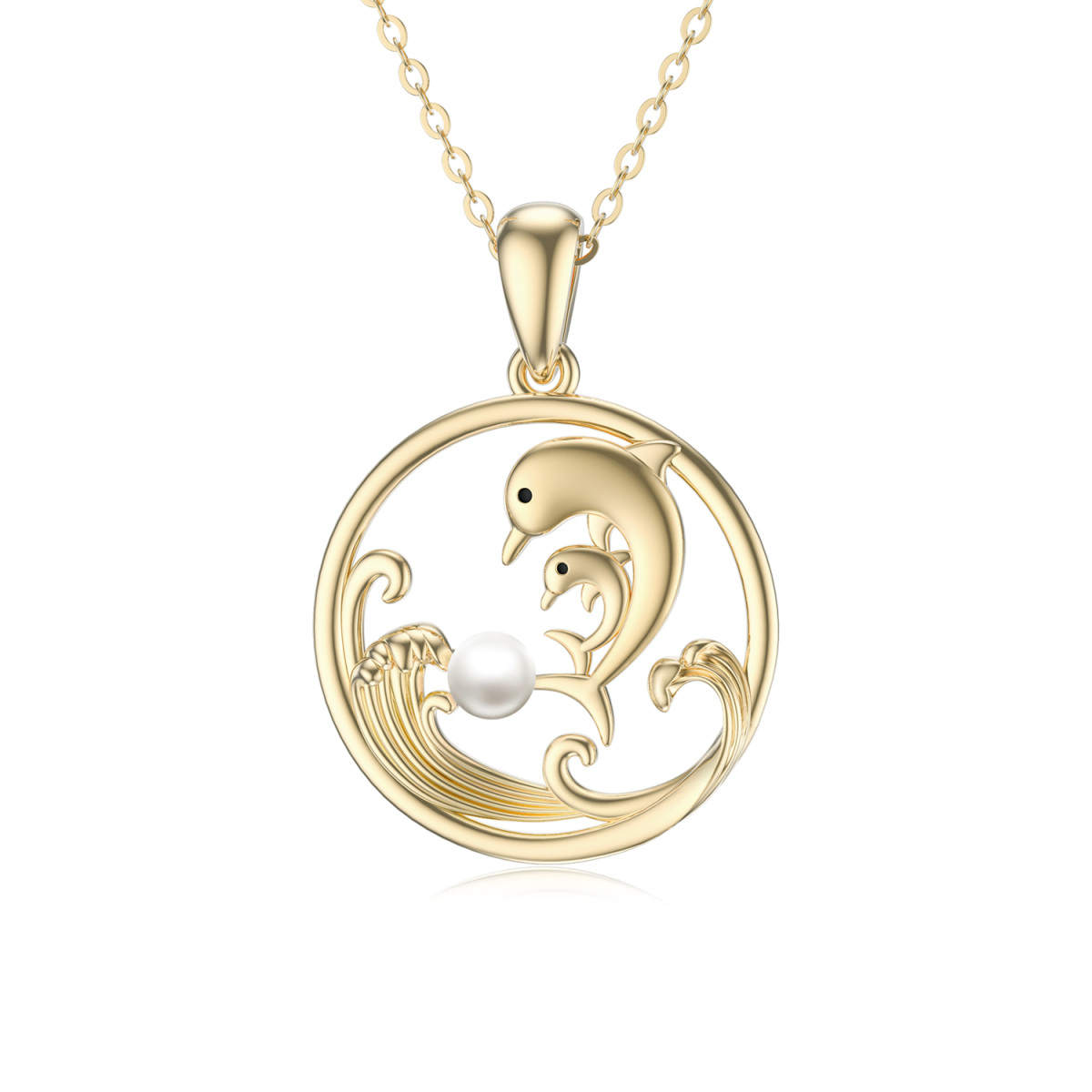 10K Gold Circular Shaped Pearl Dolphin & Spray Pendant Necklace-1