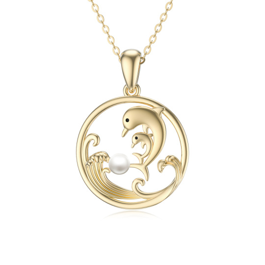 14K Gold Circular Shaped Pearl Dolphin & Spray Pendant Necklace