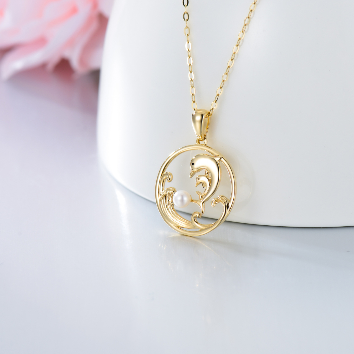 10K Gold Circular Shaped Pearl Dolphin & Spray Pendant Necklace-3