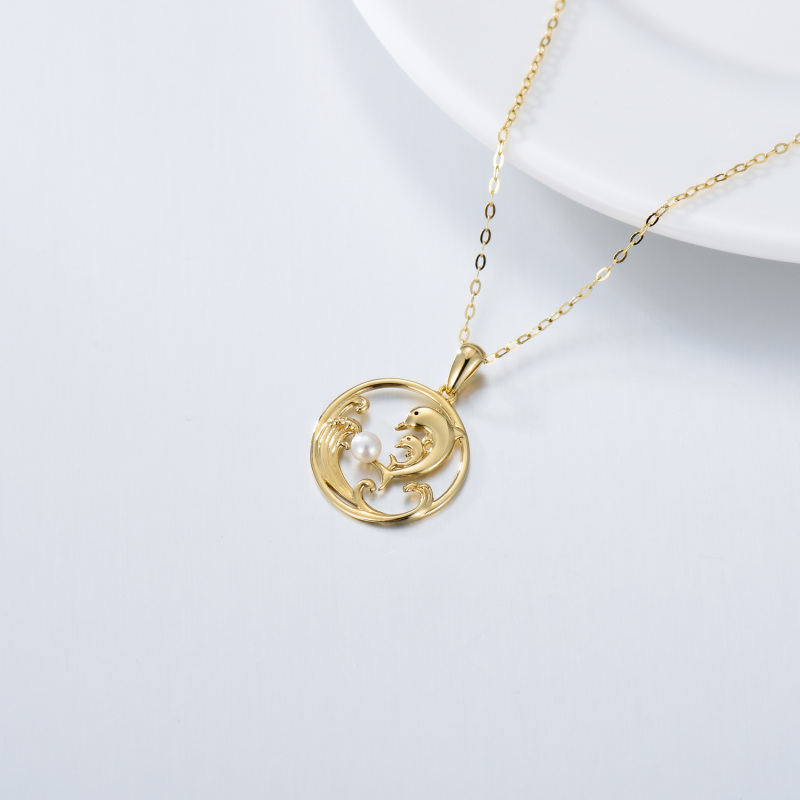 Collana con ciondolo a forma di delfino e spruzzo di perle a taglio rotondo in oro bianco 10K-4