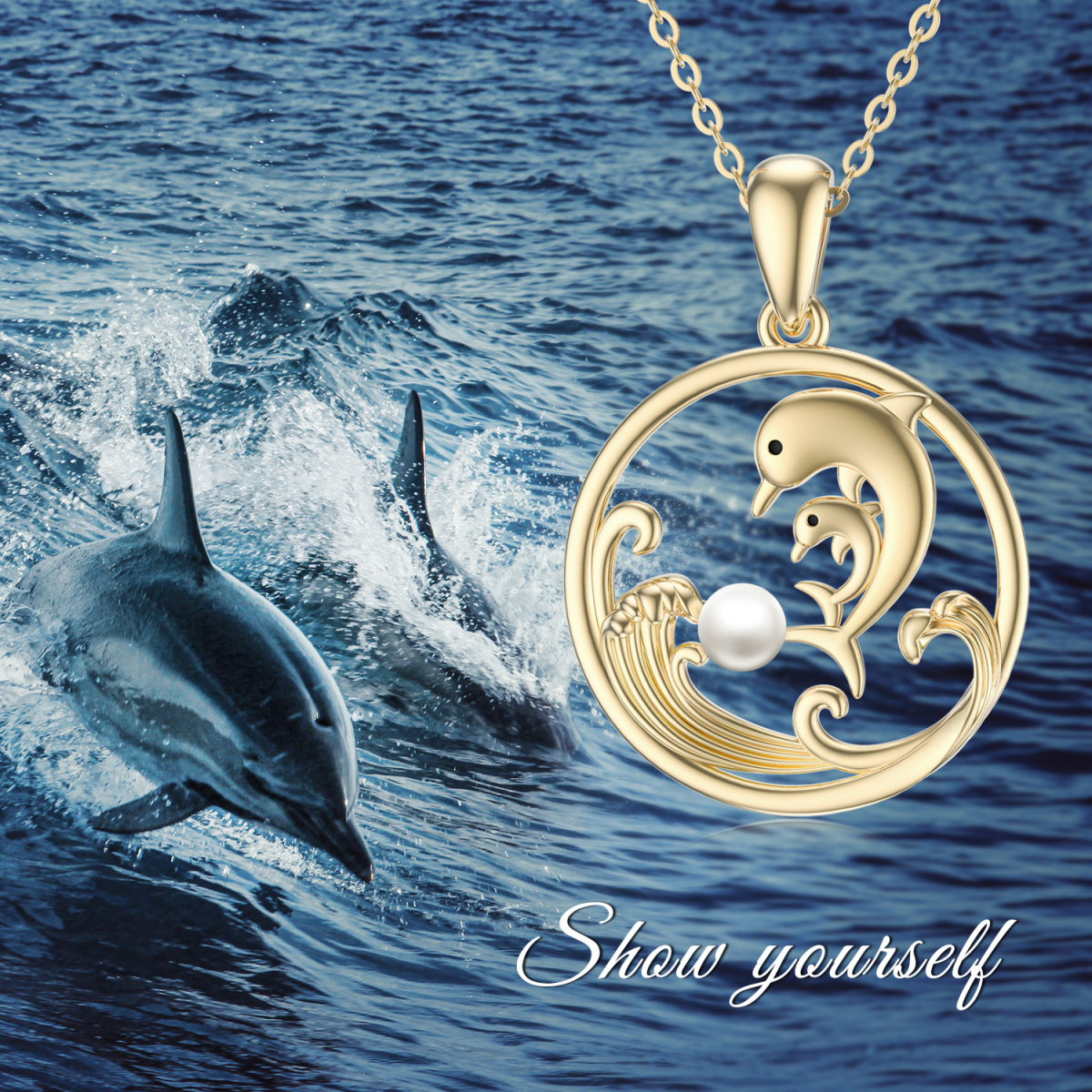 10K Gold Circular Shaped Pearl Dolphin & Spray Pendant Necklace-5