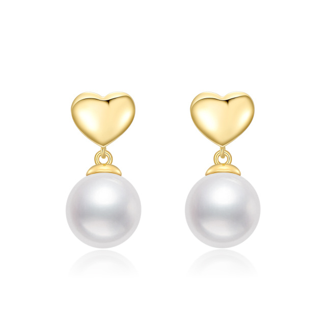 10K Gold Circular Shaped Pearl Heart Drop Earrings