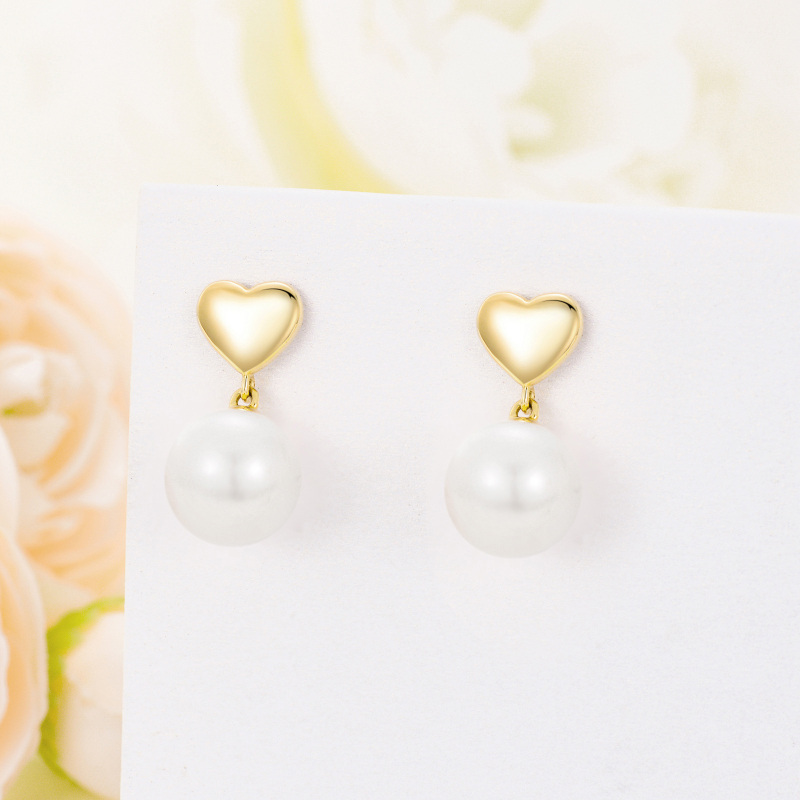 10K Gold Circular Shaped Pearl Heart Drop Earrings-3