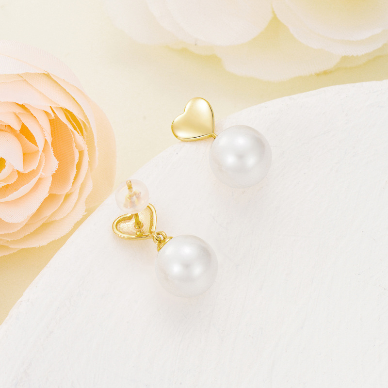 10K Gold Circular Shaped Pearl Heart Drop Earrings-4