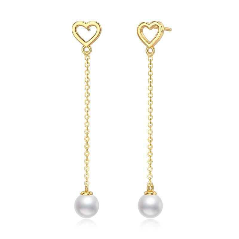 10K Gold Circular Shaped Pearl Heart Drop Earrings-1