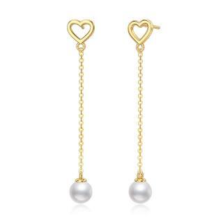 10K Gold Circular Shaped Pearl Heart Drop Earrings-48