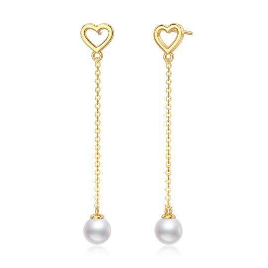 10K Gold Circular Shaped Pearl Heart Drop Earrings