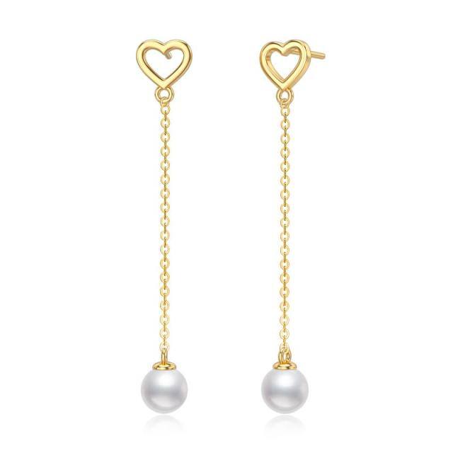 14K Gold Circular Shaped Pearl Heart Drop Earrings-1