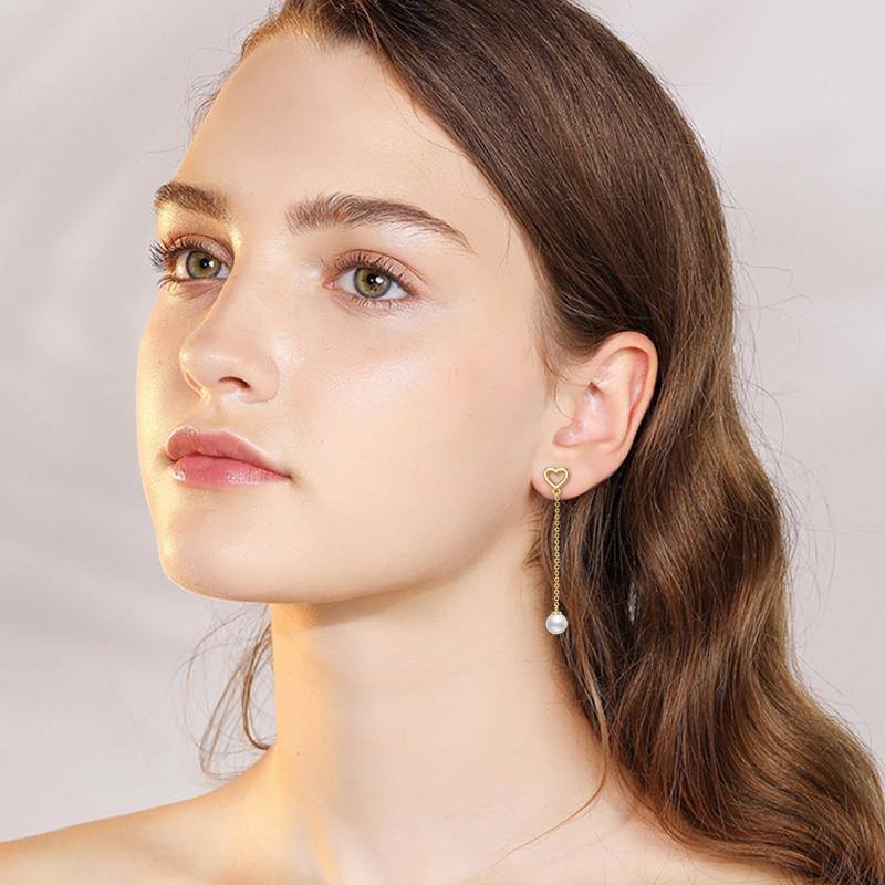 10K White Gold Round Cut Pearl Heart Drop Earrings-2