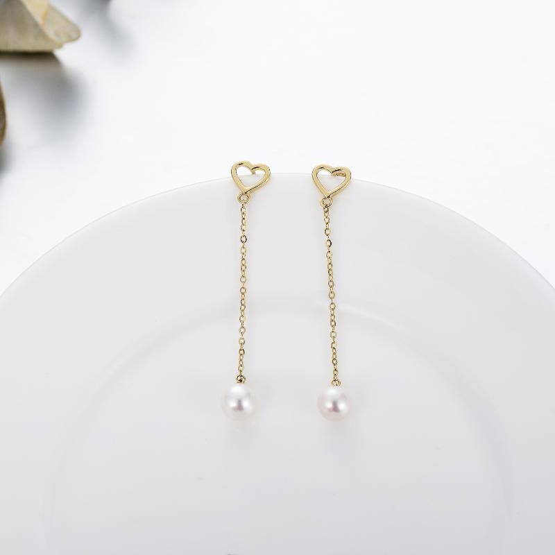 10K Gold Circular Shaped Pearl Heart Drop Earrings-3