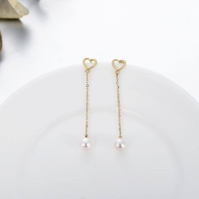 14K Gold Circular Shaped Pearl Heart Drop Earrings-3