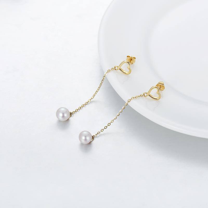 10K White Gold Round Cut Pearl Heart Drop Earrings-4