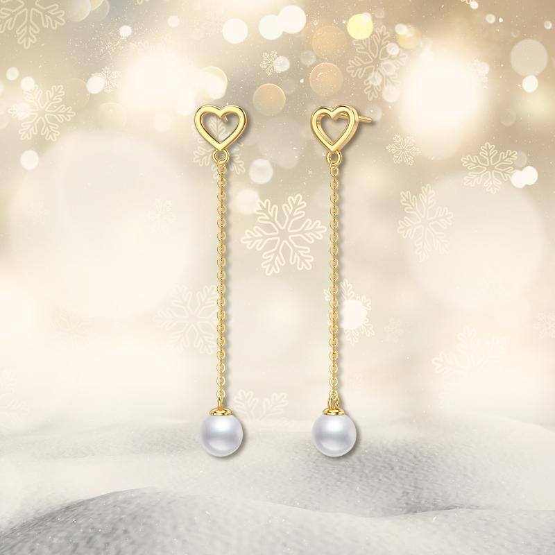 10K White Gold Round Cut Pearl Heart Drop Earrings-5