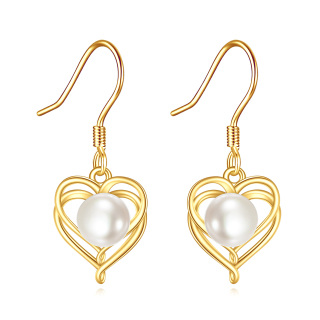 14K Gold Circular Shaped Pearl Heart Drop Earrings-2