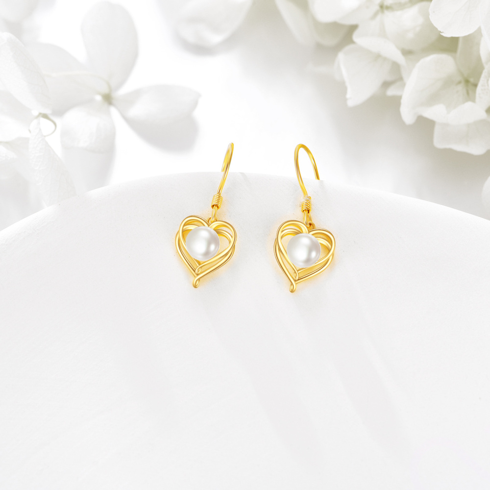 10K Gold Circular Shaped Pearl Heart Drop Earrings-4